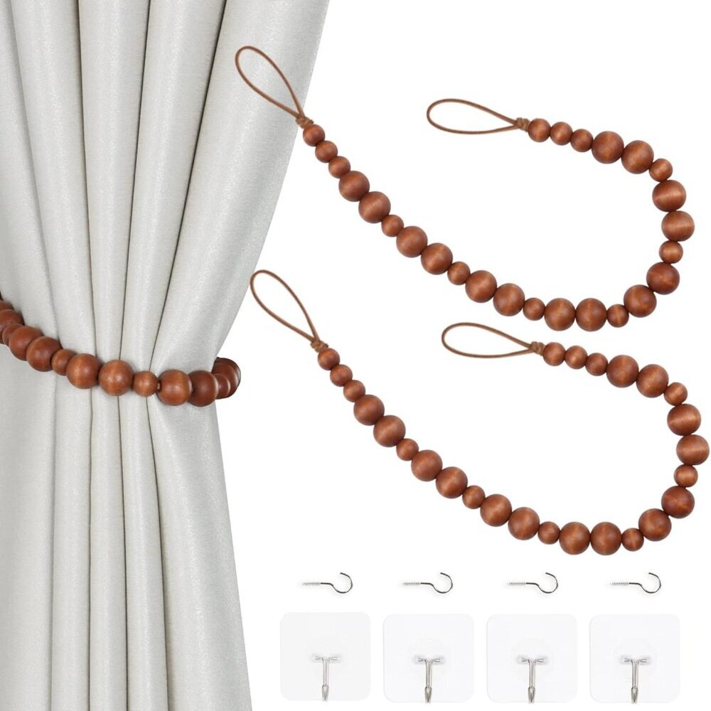 2 Pieces Curtain Tieback Wood Bead Curtain Tiebacks Curtain Holdbacks for Wall C
